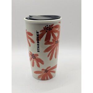 Starbucks Ceramic Travel Mug White Orange Flowers Black Sip Cover 12oz  6 inches